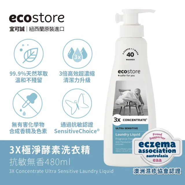 【ecostore 宜可誠】3X極淨天然酵素洗衣精480mlx2入(無香精/無色素/無螢光劑/消臭/抗敏認證/濕疹協會認證)