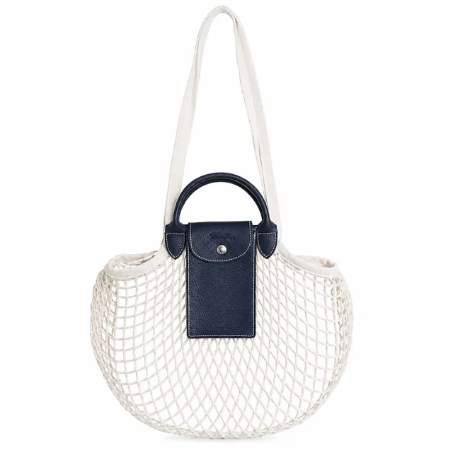 【LONGCHAMP】LE PLIAGE FILET系列網狀棉質手提/肩背翻蓋兩用包(大/海軍藍)