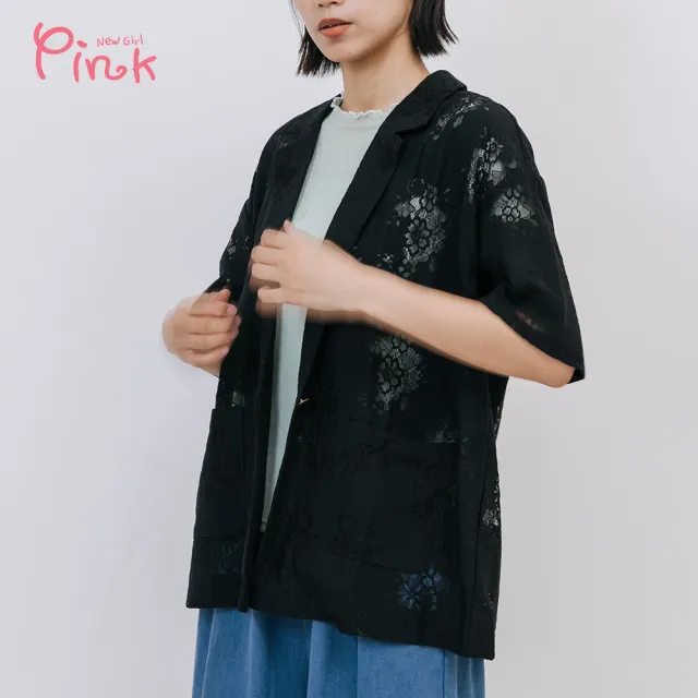 【PINK NEW GIRL】縷空蕾絲短袖西裝外套 (2色) A2701AD