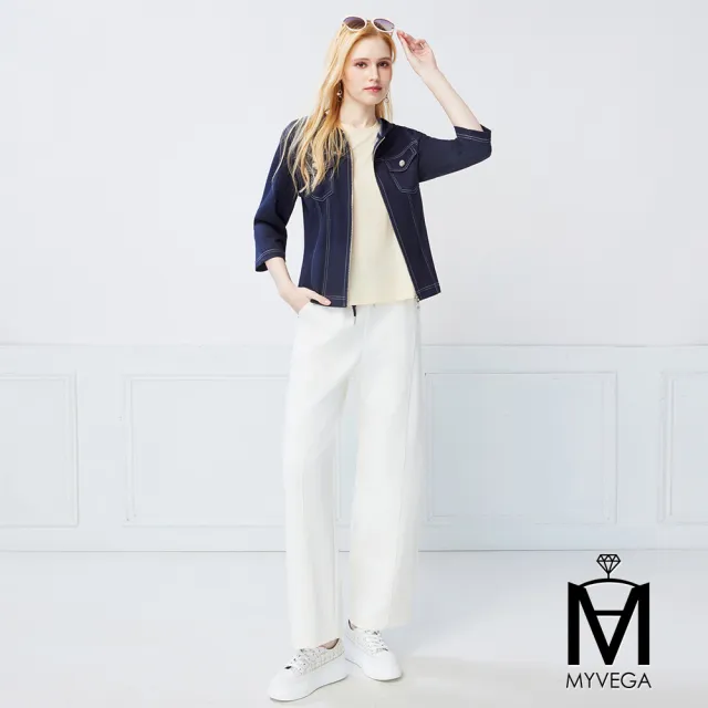 【MYVEGA 麥雪爾】MA修身剪裁七分袖M字拉鍊外套-深藍(女上衣/小香風外套)