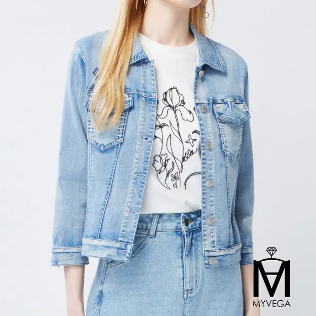【MYVEGA 麥雪爾】MA品牌LOGO刺繡水洗牛仔外套-藍