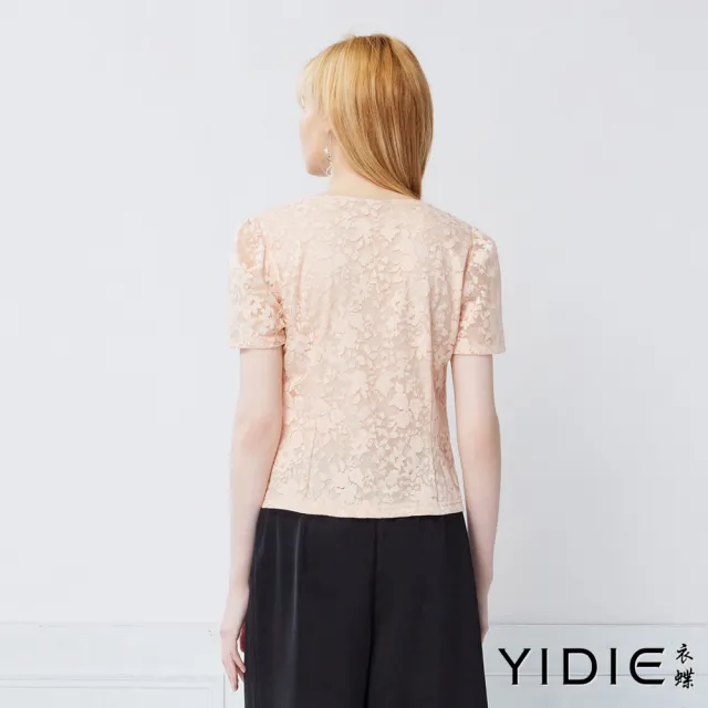 【YIDIE】浪漫金絲蕾絲造型金釦上衣-桔粉