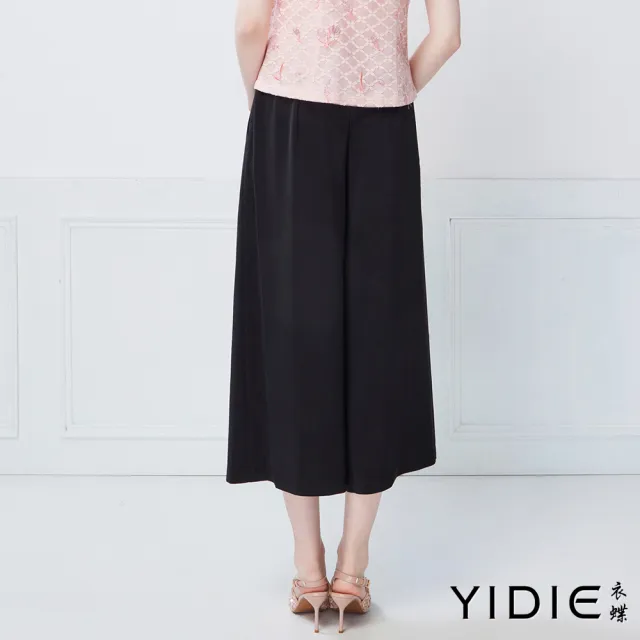 【YIDIE】古典後鬆緊腰中式鈕結長寬褲-黑