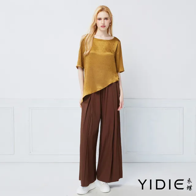 【YIDIE】鬆緊腰壓皺長寬褲-咖啡
