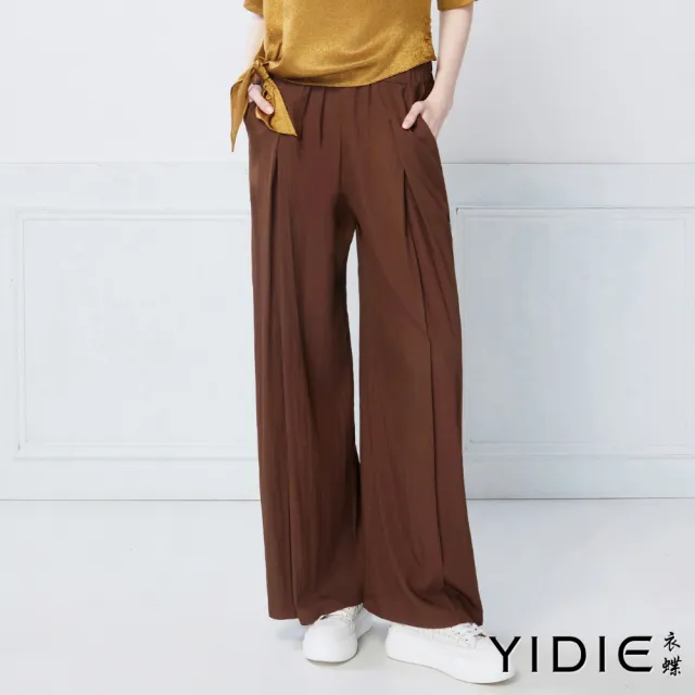 【YIDIE】鬆緊腰壓皺長寬褲-咖啡