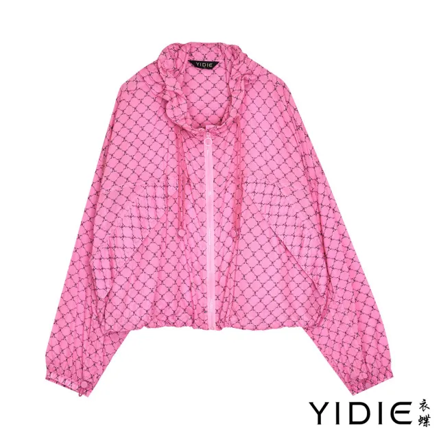 【YIDIE】活力甜美幾何印花連帽防風外套-桃粉