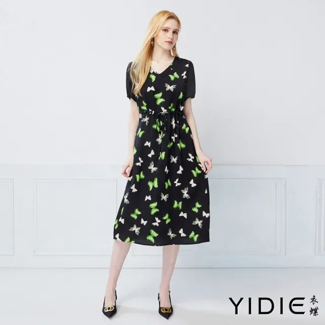 【YIDIE】法式優雅蝴蝶印花V領繫帶收腰洋裝-黑