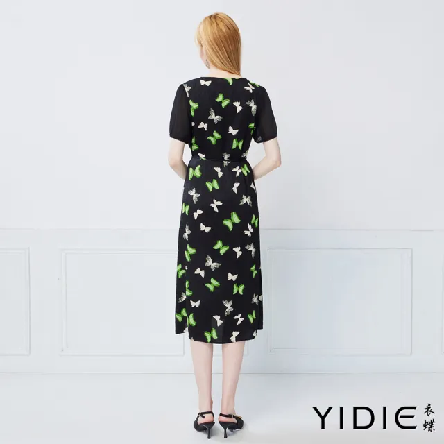 【YIDIE】法式優雅蝴蝶印花V領繫帶收腰洋裝-黑