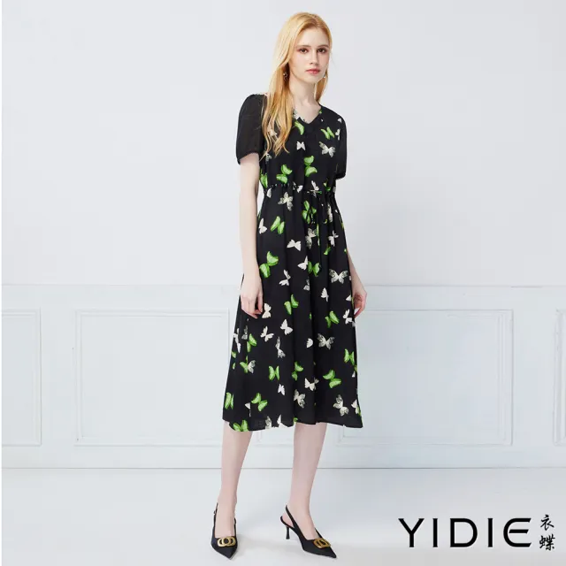 【YIDIE】法式優雅蝴蝶印花V領繫帶收腰洋裝-黑