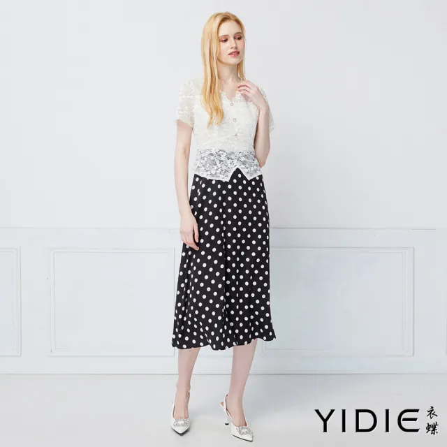 【YIDIE】假兩件式異材質拼接蕾絲長洋裝-黑