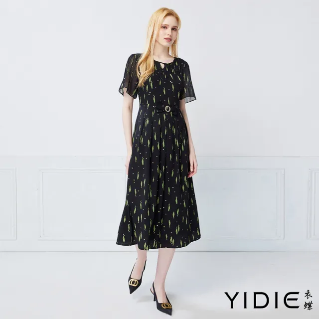 【YIDIE】優雅蝴蝶結碎花長洋裝-黑