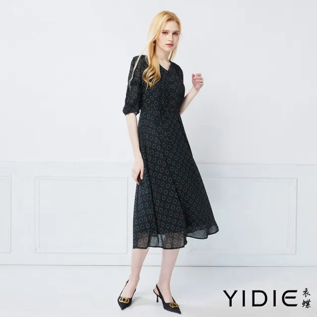 【YIDIE】壓褶抽繩印花雪紡長洋裝-黑