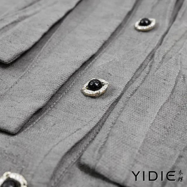 【YIDIE】都會簡約亞麻天絲混紡壓紋襯衫式連身洋裝-灰