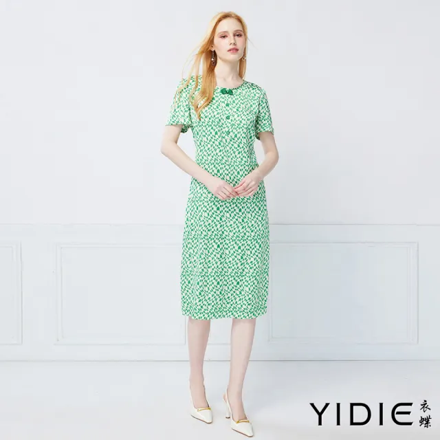 【YIDIE】法式風情綠白交織抽象圖騰圓領長洋裝-淺綠