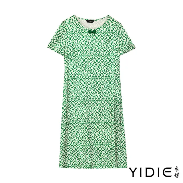 【YIDIE】法式風情綠白交織抽象圖騰圓領長洋裝-淺綠