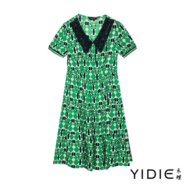 【YIDIE】復古摩登幾何拼接蕾絲大翻領洋裝-綠