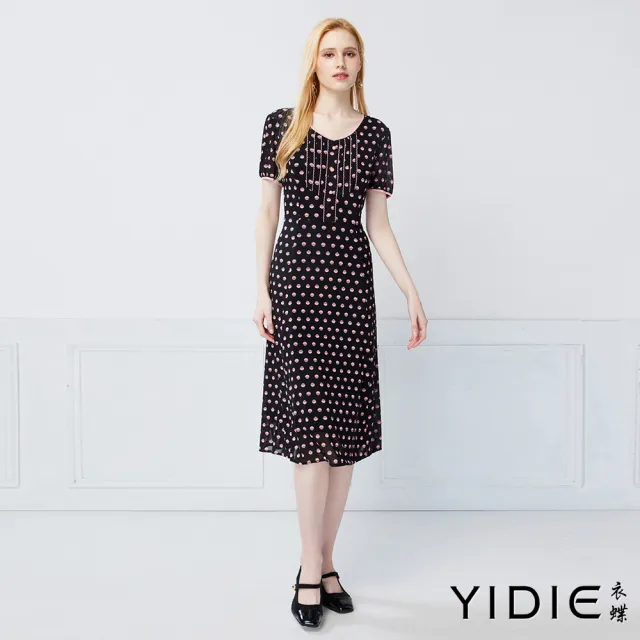 【YIDIE】華麗摩登金線抽象圖騰剪接連身長洋裝-黑