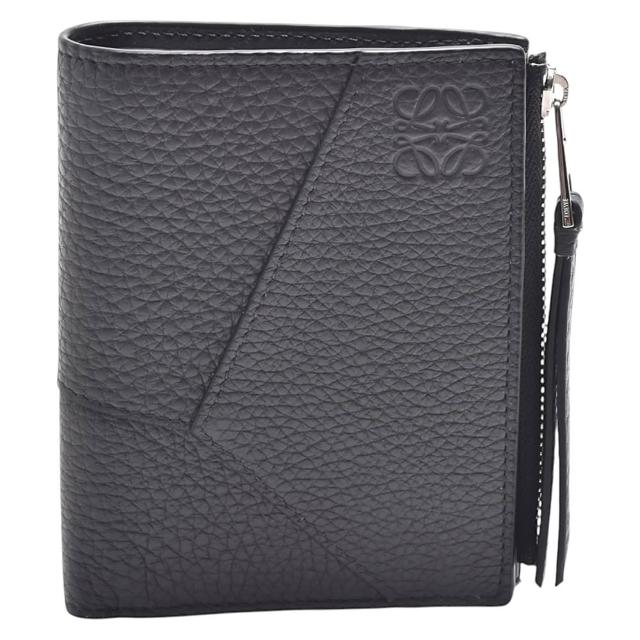 【LOEWE 羅威】經典PUZZLE系列粒紋牛皮幾何拼接拉鍊對折短夾(深灰色)