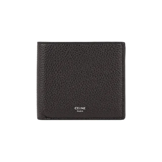 【CELINE】銀字粒紋牛皮對開零錢袋短夾(咖啡色)