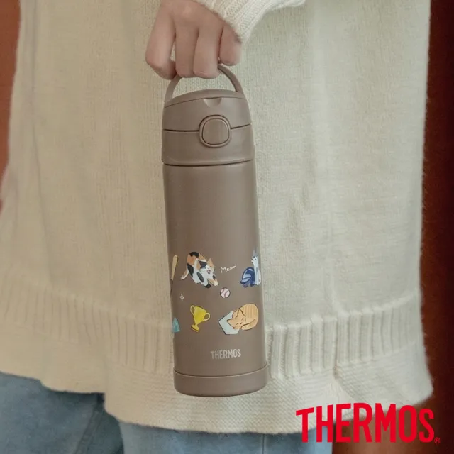 【THERMOS 膳魔師】棒球狗狗貓貓不鏽鋼真空兩用保冷瓶兒童水壺470ml(F4021CBB)