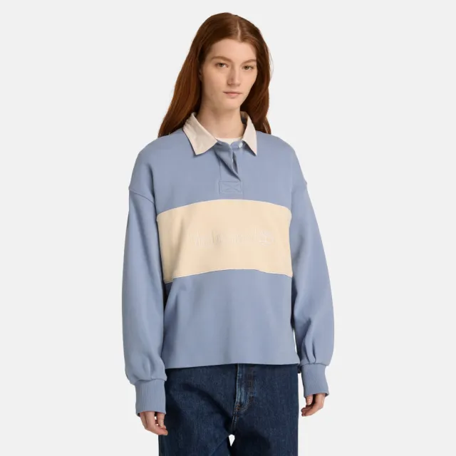 【Timberland】女款灰藍色寬版橄欖球Polo衫(A43RQB88)