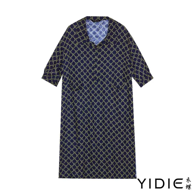 【YIDIE】都會知性幾何連鎖印花襯衫式連身長洋裝-深藍