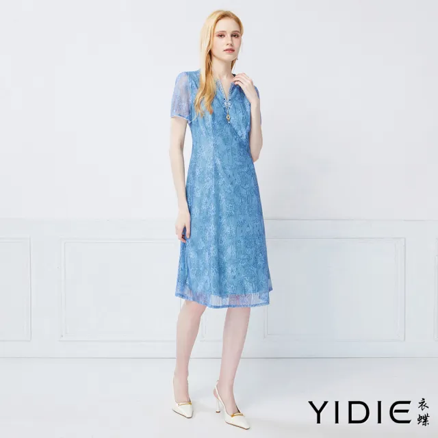 【YIDIE】雅致花綻蕾絲長洋裝-水藍
