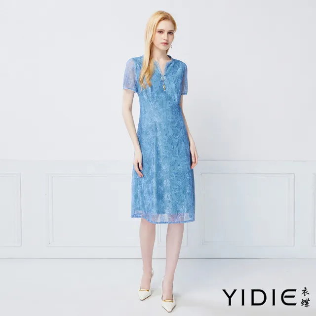 【YIDIE】雅致花綻蕾絲長洋裝-水藍