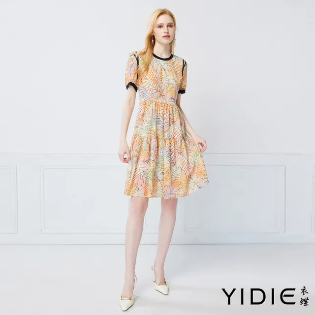 【YIDIE】熱帶氣息棕櫚葉印花圓領拼接連身洋裝-柑