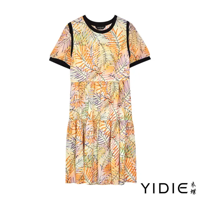 【YIDIE】熱帶氣息棕櫚葉印花圓領拼接連身洋裝-柑