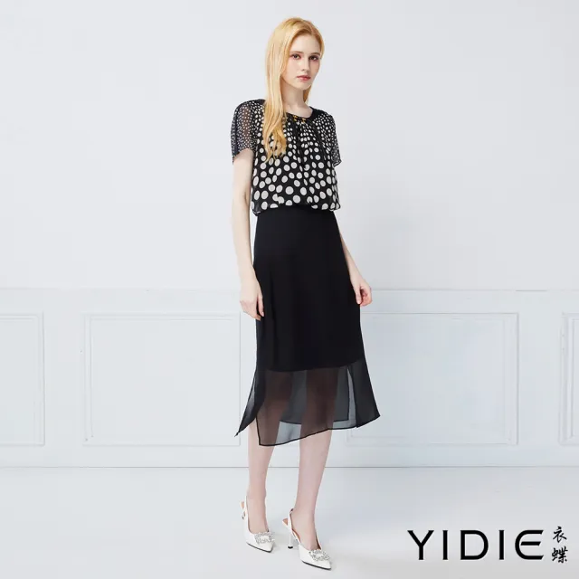 【YIDIE】復古點點拼接雪紡長洋裝-黑