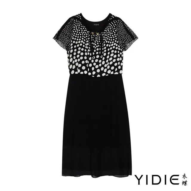 【YIDIE】復古點點拼接雪紡長洋裝-黑
