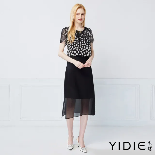 【YIDIE】復古點點拼接雪紡長洋裝-黑