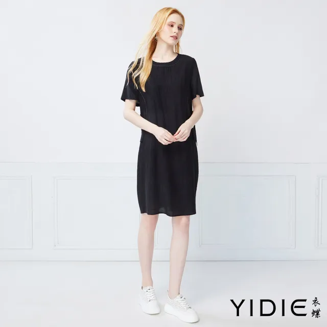 【YIDIE】知性優雅線條紋路側剪接層次連身長洋裝-黑