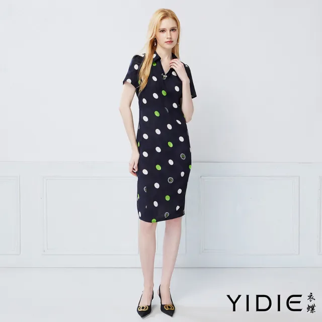 【YIDIE】撞色點點翻領長洋裝-黑