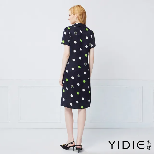 【YIDIE】撞色點點翻領長洋裝-黑
