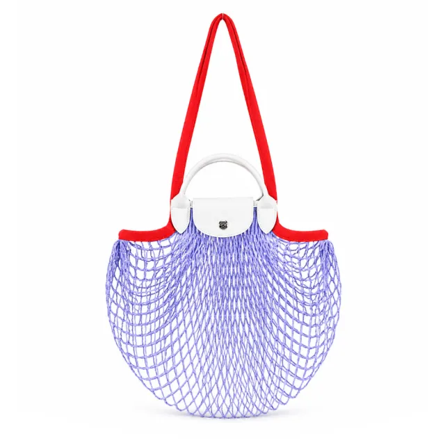 【LONGCHAMP】LE PLIAGE FILET系列網狀棉質撞色手提/肩背兩用包(天藍)