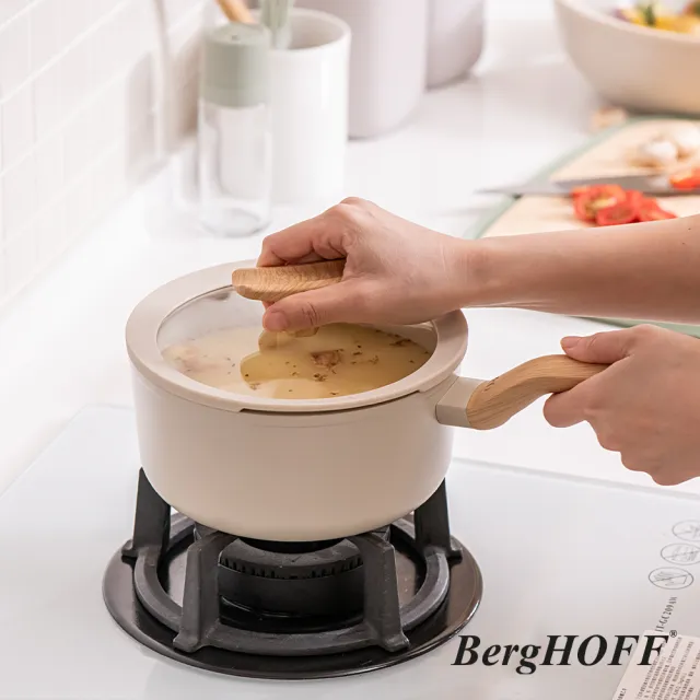 【THERMOS 膳魔師】BergHOFF貝高福Balance陶瓷塗層不沾鍋單柄含蓋湯鍋18cm(BHBL-S18-IV)(轉)