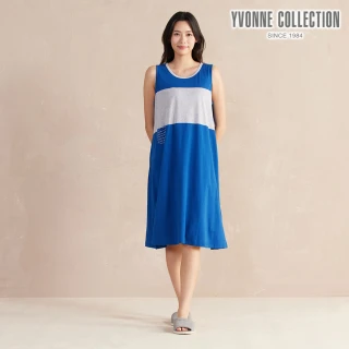 【YVONNE 以旺傢飾】薄荷紗   拼接短袖洋裝-深藍