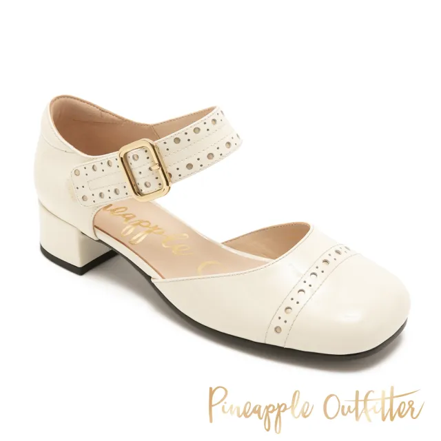 【Pineapple Outfitter】真皮雕花粗跟瑪麗珍鞋GANG(鏡白色)