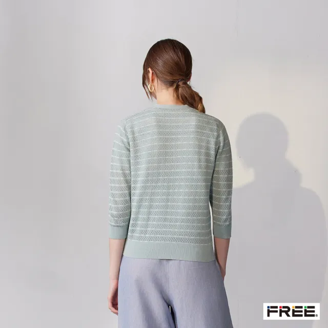 【FREE】純棉空花橫紋六分袖針織外套