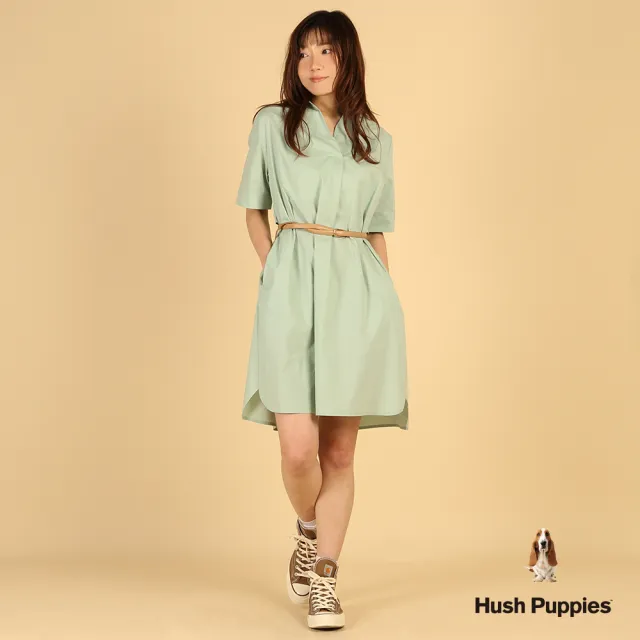 【Hush Puppies】女裝 洋裝 素色半開襟刺繡小狗洋裝 (淺綠 / 63215102)
