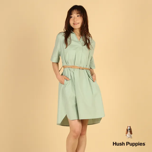 【Hush Puppies】女裝 洋裝 素色半開襟刺繡小狗洋裝 (淺綠 / 63215102)
