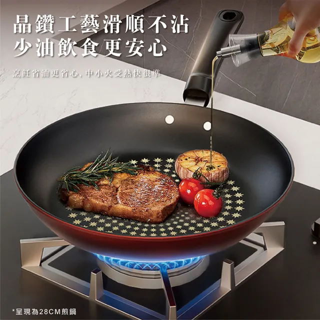 【ONE HOUSE】晶鑽超輕量不沾鍋附玻璃蓋 IH爐-28CM煎鍋 +34CM炒鍋  1入(不沾鍋/附贈鍋蓋/煎鍋/炒鍋)
