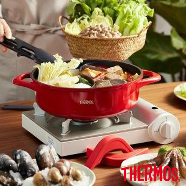 【THERMOS 膳魔師】巧易不沾鍋雙耳附蓋壓鑄鴛鴦火鍋二用鍋28cm(TFP-P28)