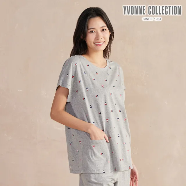 【YVONNE 以旺傢飾】巴黎印花拼接短袖上衣-迷霧灰