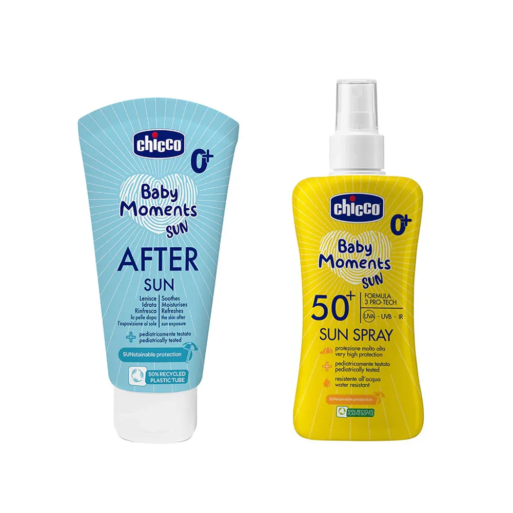 【Chicco】寶貝嬰兒輕潤曬後修護霜+寶貝嬰兒輕潤防曬噴液SPF50+(戶外 低敏 海洋友善)