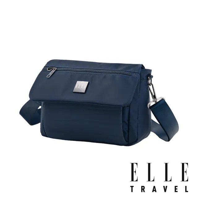 【ELLE】雲感線條系列 掀蓋斜背側背包 (普魯士藍-EL83354) 拉鍊包 多隔層旅行包