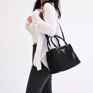 【PRADA 普拉達】經典LOGO鑰匙吊飾尼龍拼接寬背帶手提三層包兩用包(黑)