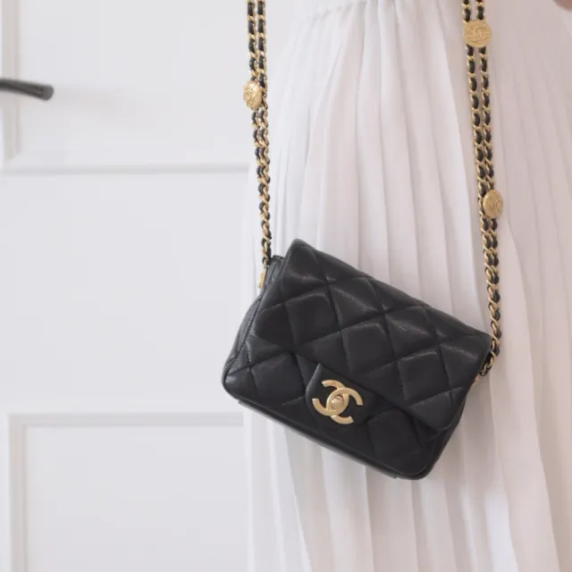 【CHANEL 香奈兒】Mini 方胖經典雙C菱格紋金幣鏈帶小牛皮三用翻蓋鍊包(黑 17CM)